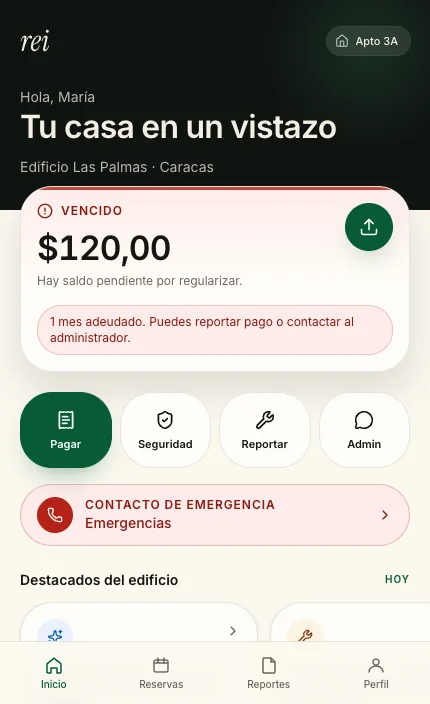 Portal real del residente con saldo pendiente, accesos a pago, seguridad, reportes y administración.